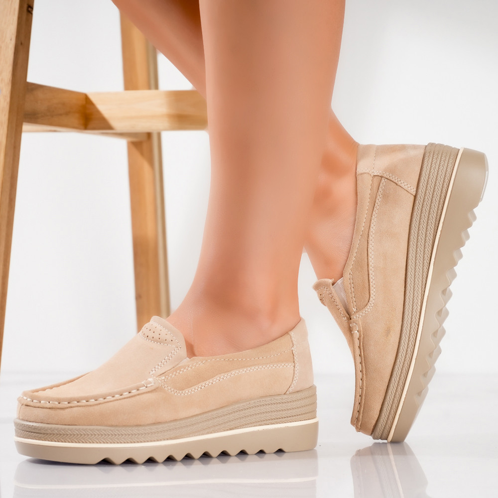 Pantofi dama cu platforma Bej din Piele Naturala Intoarsa khadye - poza 3