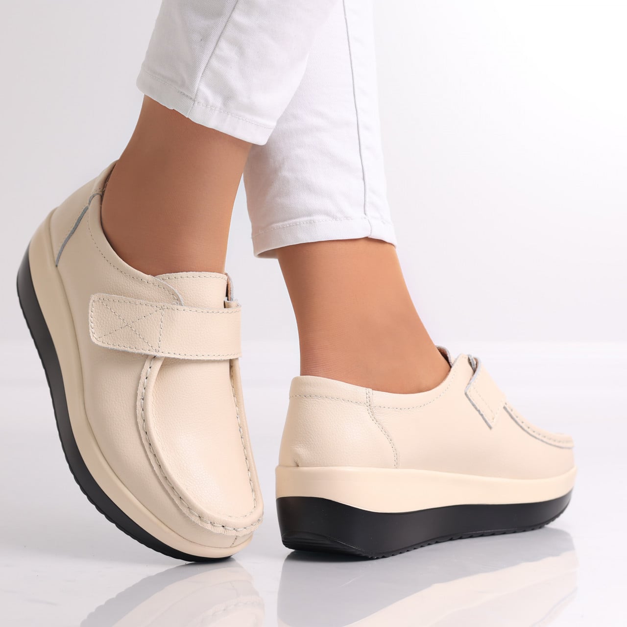 Pantofi dama cu Platforma Bej din Piele Naturala Riley - poza 3