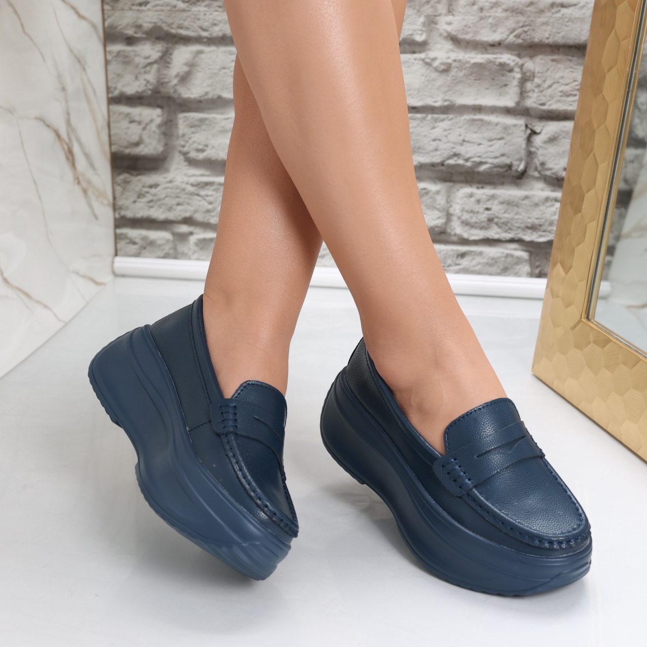 Pantofi dama cu platforma Bleumarin din Piele Naturala Alunsa - poza 3