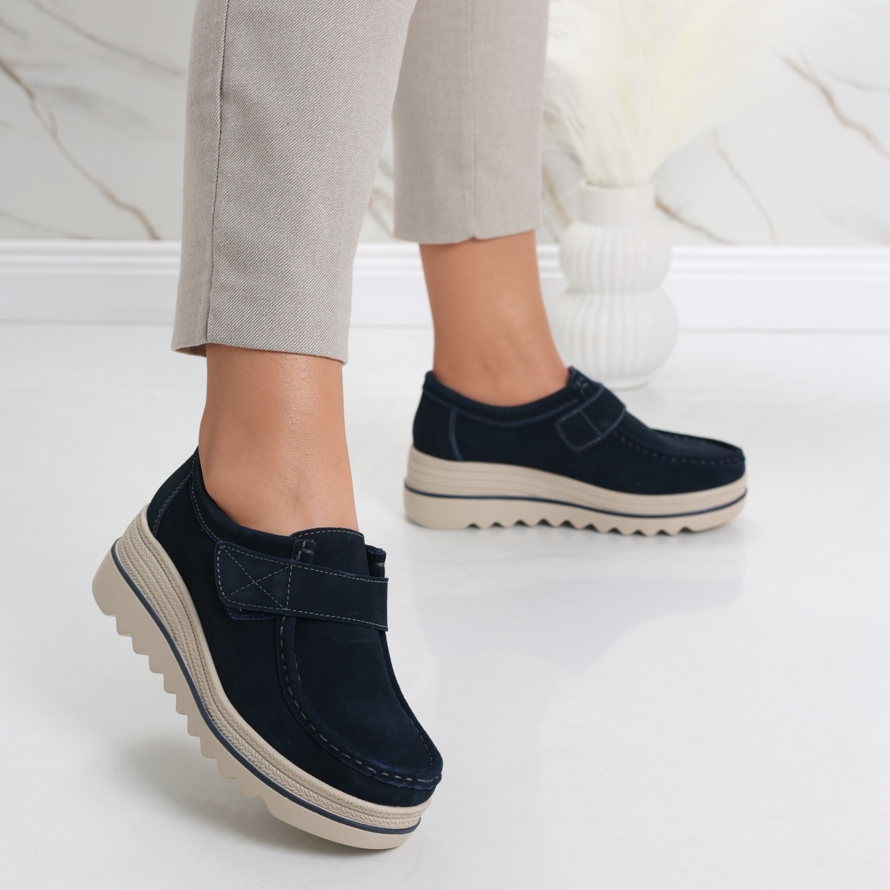 Pantofi dama cu platforma Bleumarin din Piele Naturala Intoarsa Anera - poza 2