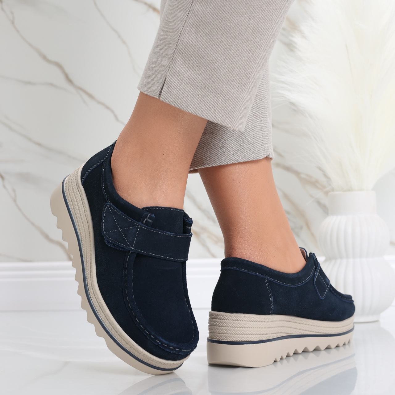Pantofi dama cu platforma Bleumarin din Piele Naturala Intoarsa Anera - poza 3