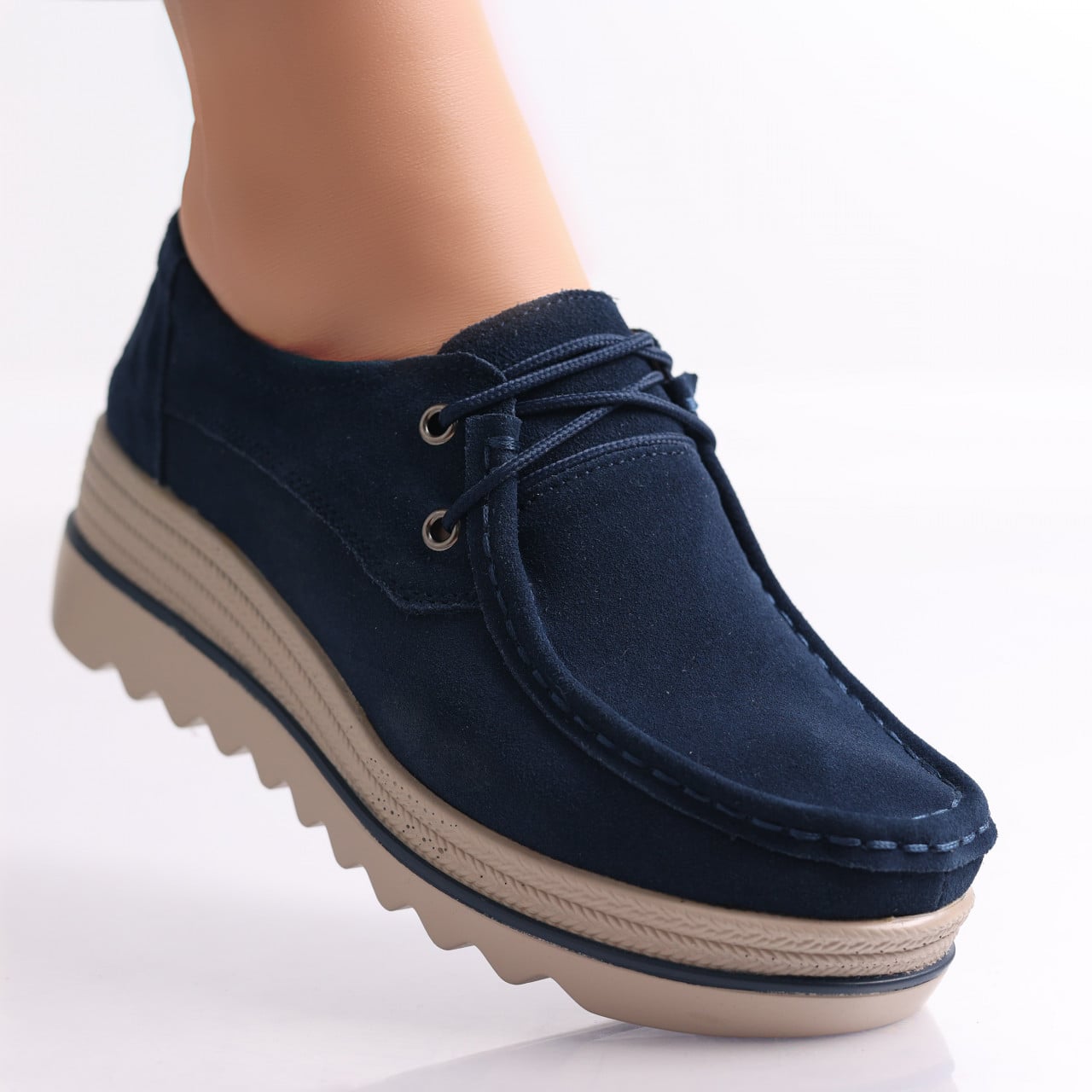 Pantofi dama cu platforma Bleumarin din Piele Naturala Intoarsa Calvi - poza 1