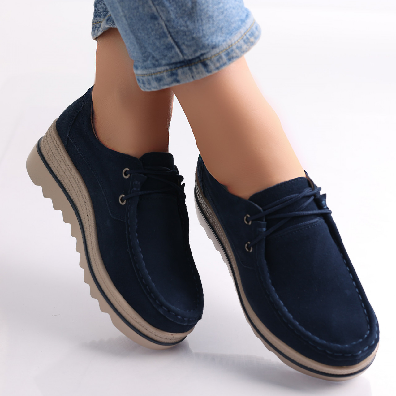 Pantofi dama cu platforma Bleumarin din Piele Naturala Intoarsa Calvi - poza 2