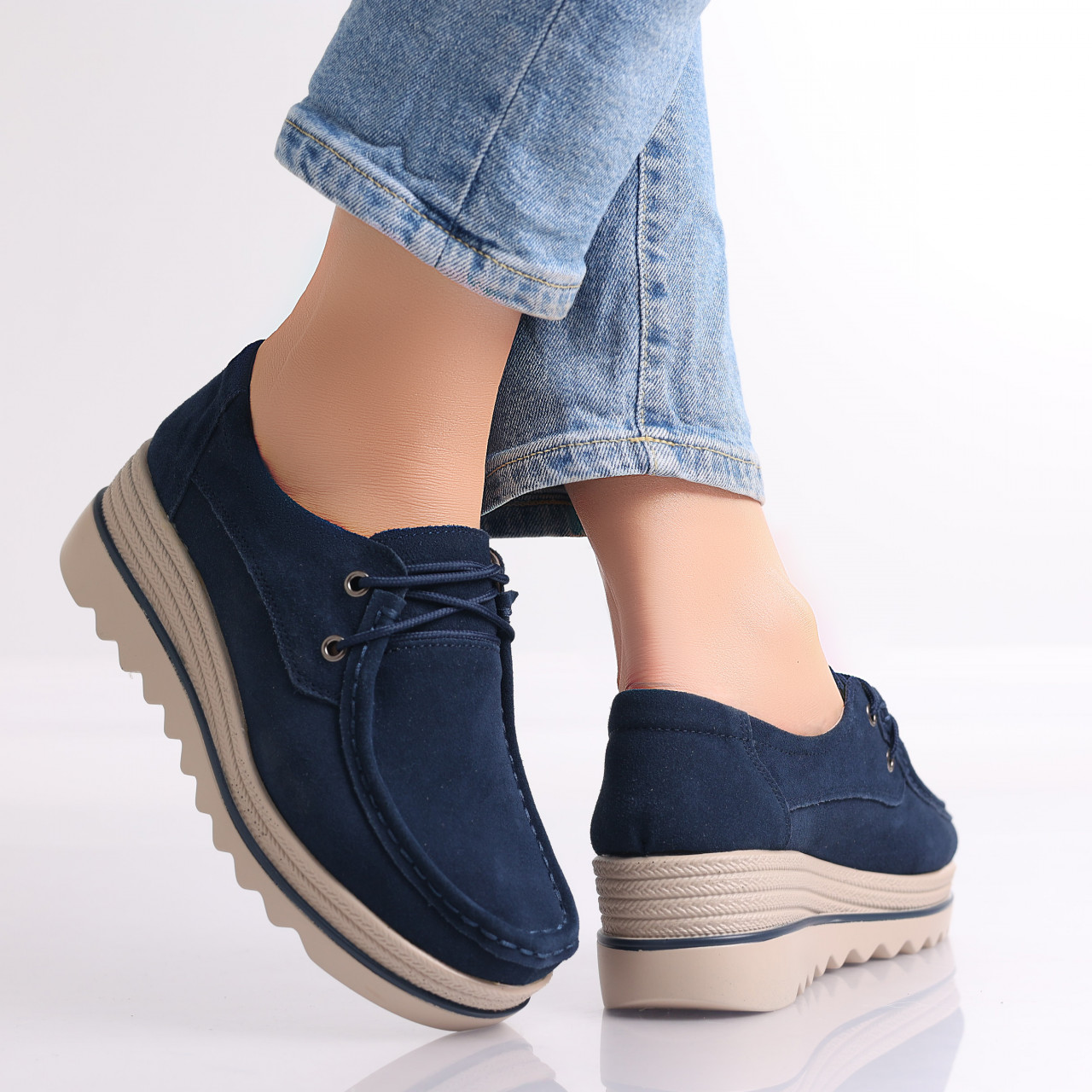 Pantofi dama cu platforma Bleumarin din Piele Naturala Intoarsa Calvi - poza 3