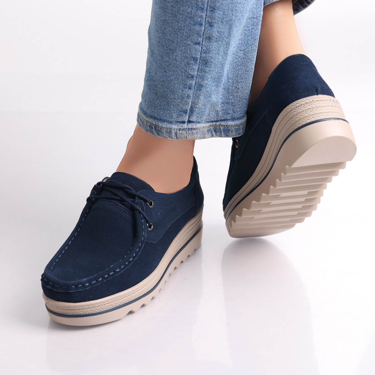 Pantofi dama cu platforma Bleumarin din Piele Naturala Intoarsa Calvi - poza 4
