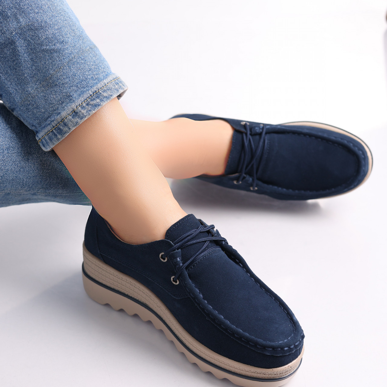 Pantofi dama cu platforma Bleumarin din Piele Naturala Intoarsa Calvi - poza 5
