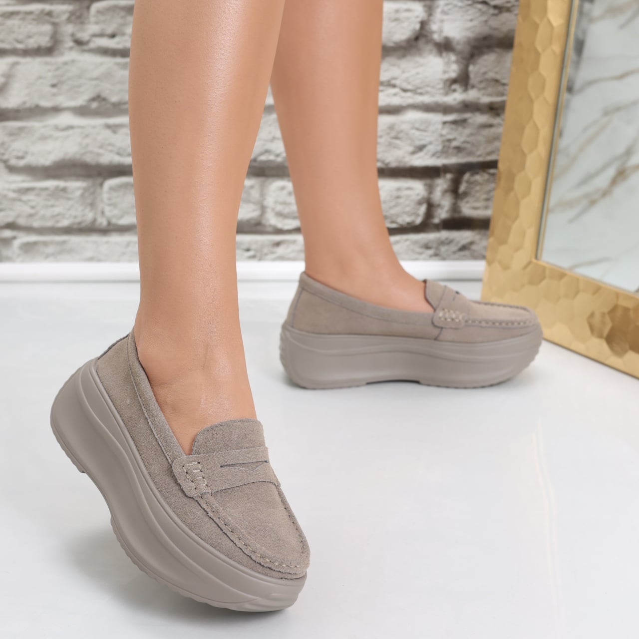 Pantofi dama cu platforma Kaki din Piele Naturala intoarsa Alunsa - poza 4