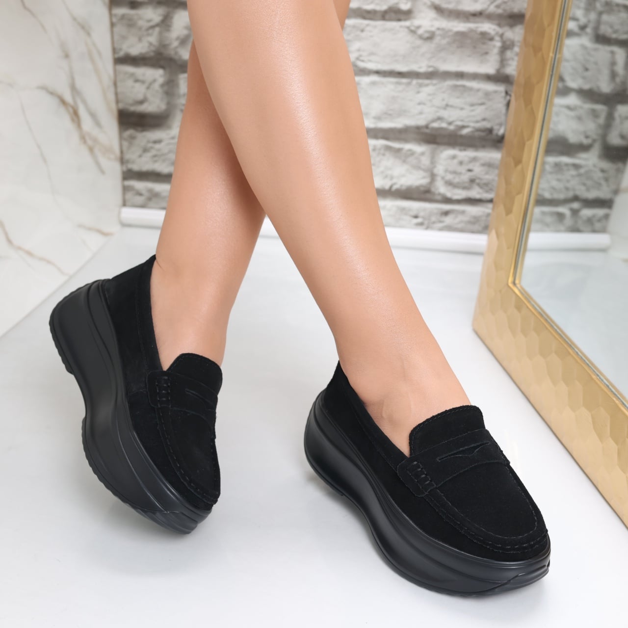 Pantofi dama cu platforma Negri din Piele Naturala intoarsa Alunsa - poza 3