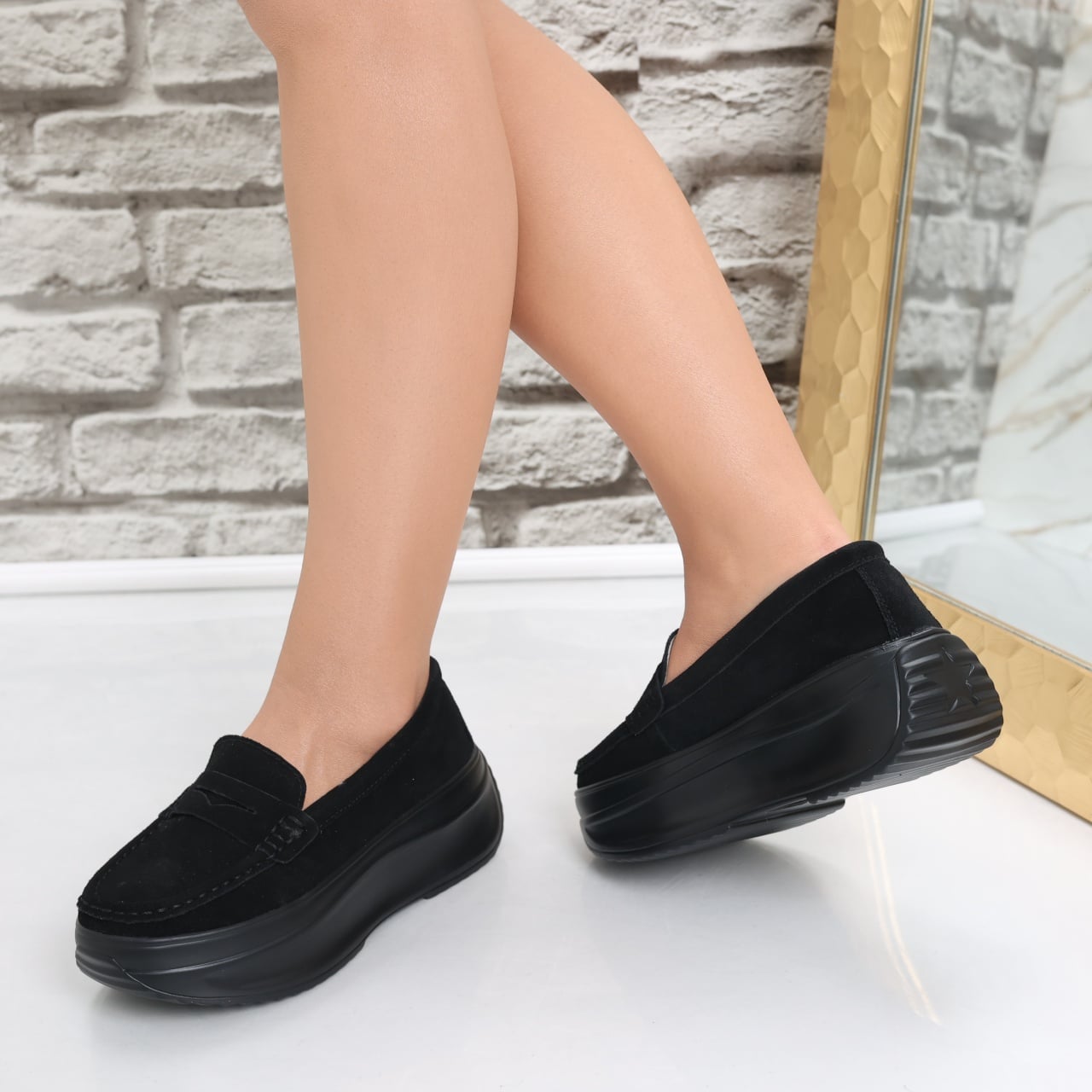 Pantofi dama cu platforma Negri din Piele Naturala intoarsa Alunsa - poza 5