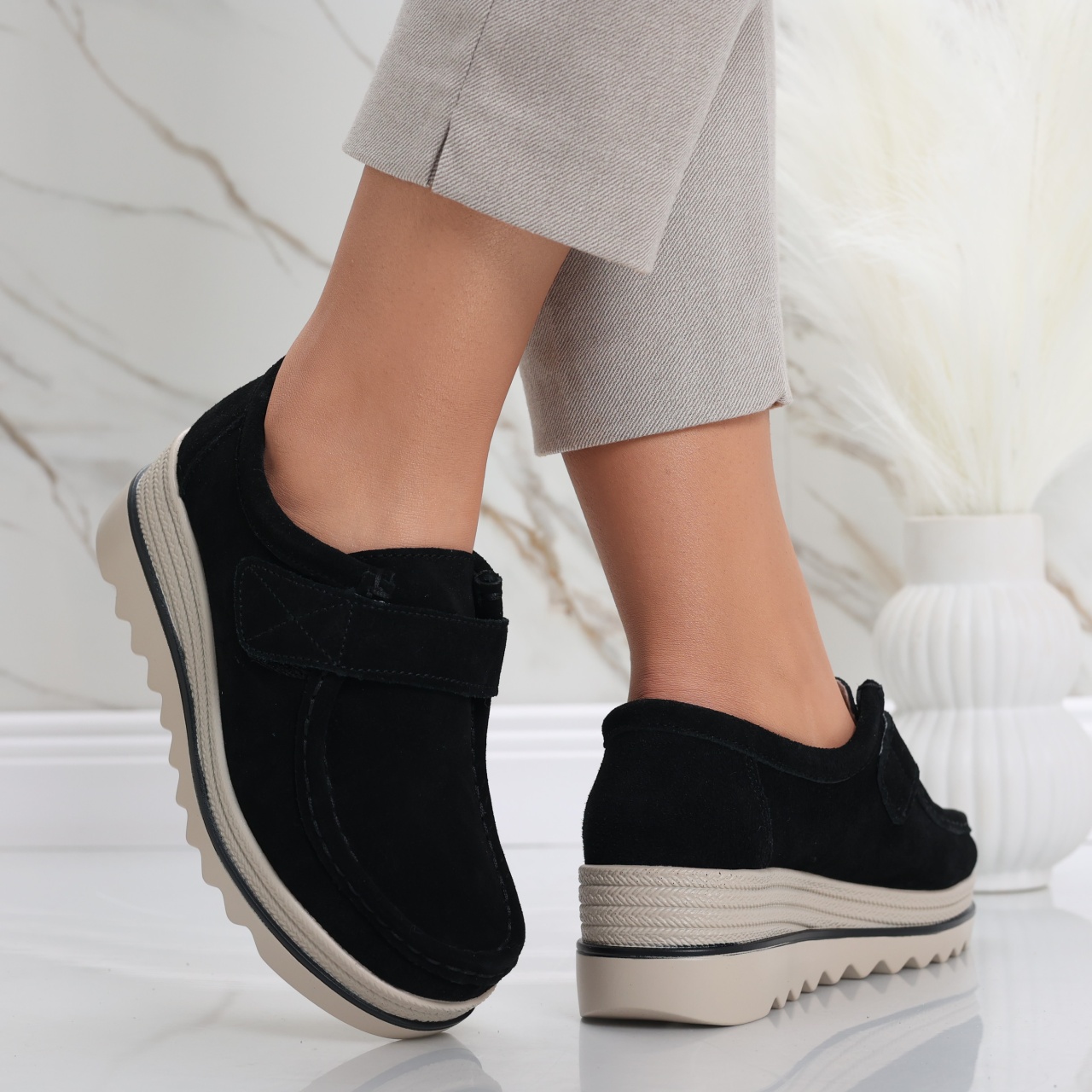 Pantofi dama cu platforma Negri din Piele Naturala Intoarsa Anera - poza 2
