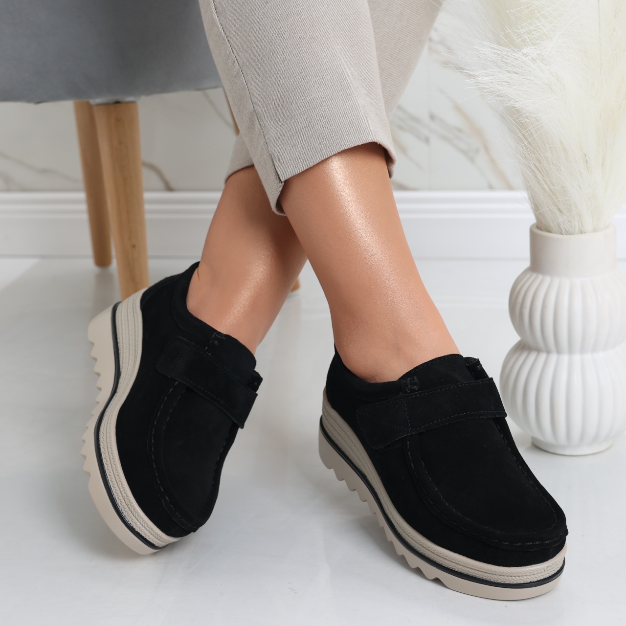 Pantofi dama cu platforma Negri din Piele Naturala Intoarsa Anera - poza 3