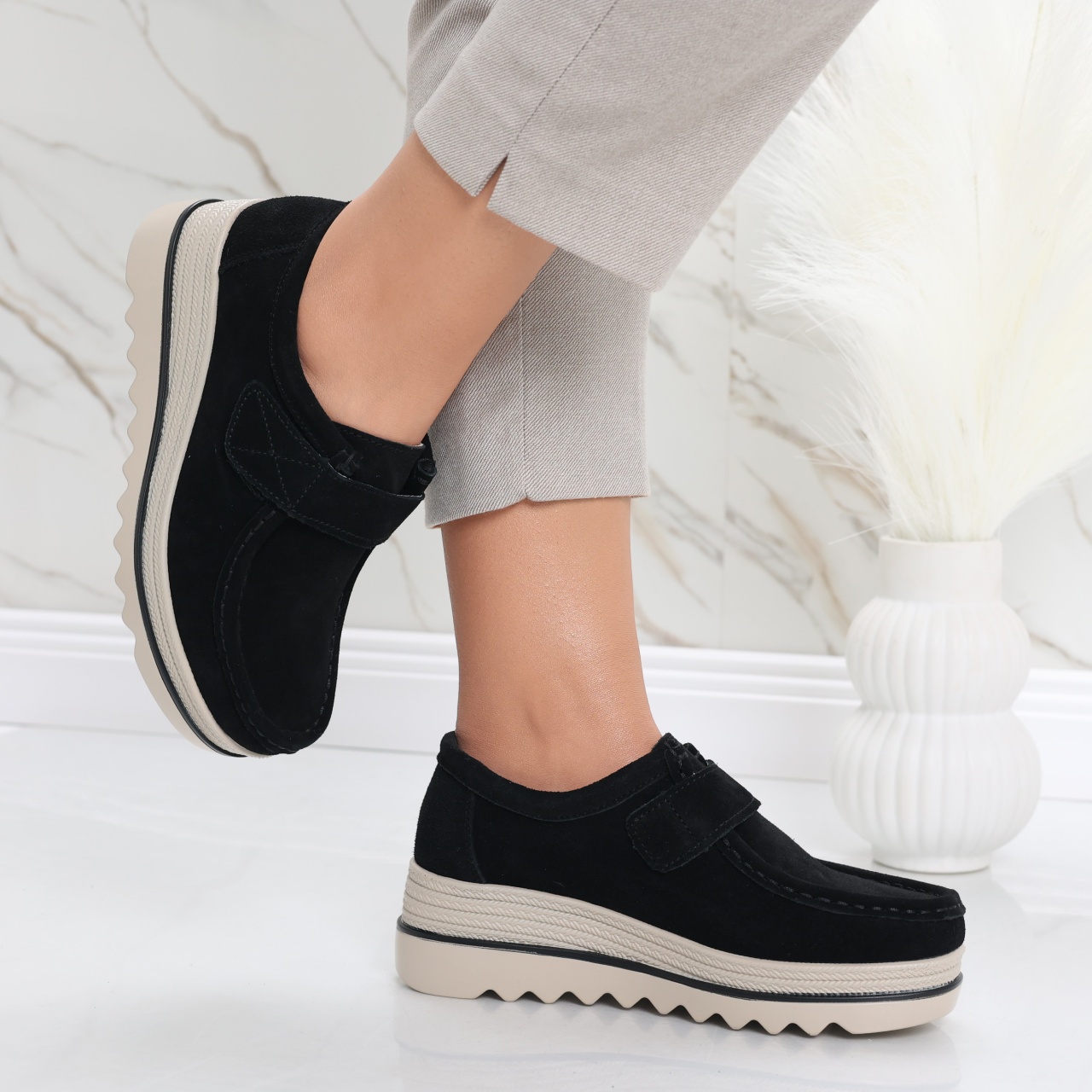 Pantofi dama cu platforma Negri din Piele Naturala Intoarsa Anera - poza 5