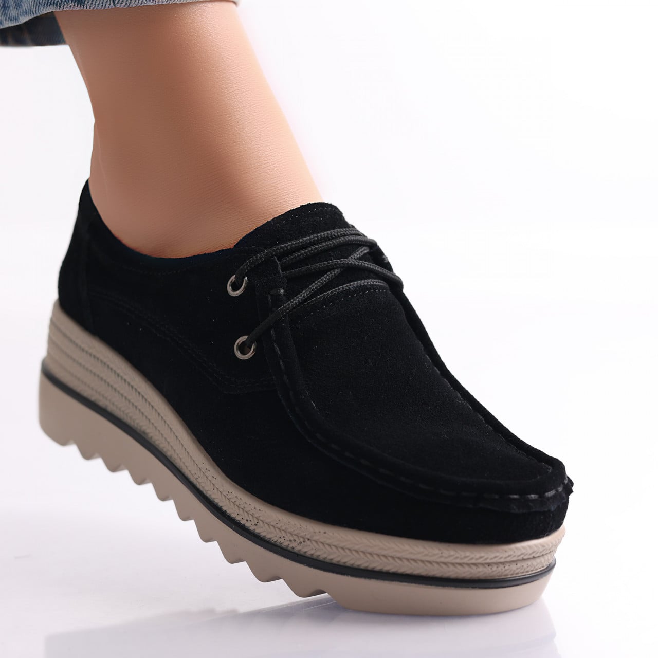 Pantofi dama cu platforma Negri din Piele Naturala Intoarsa Calvi - poza 1