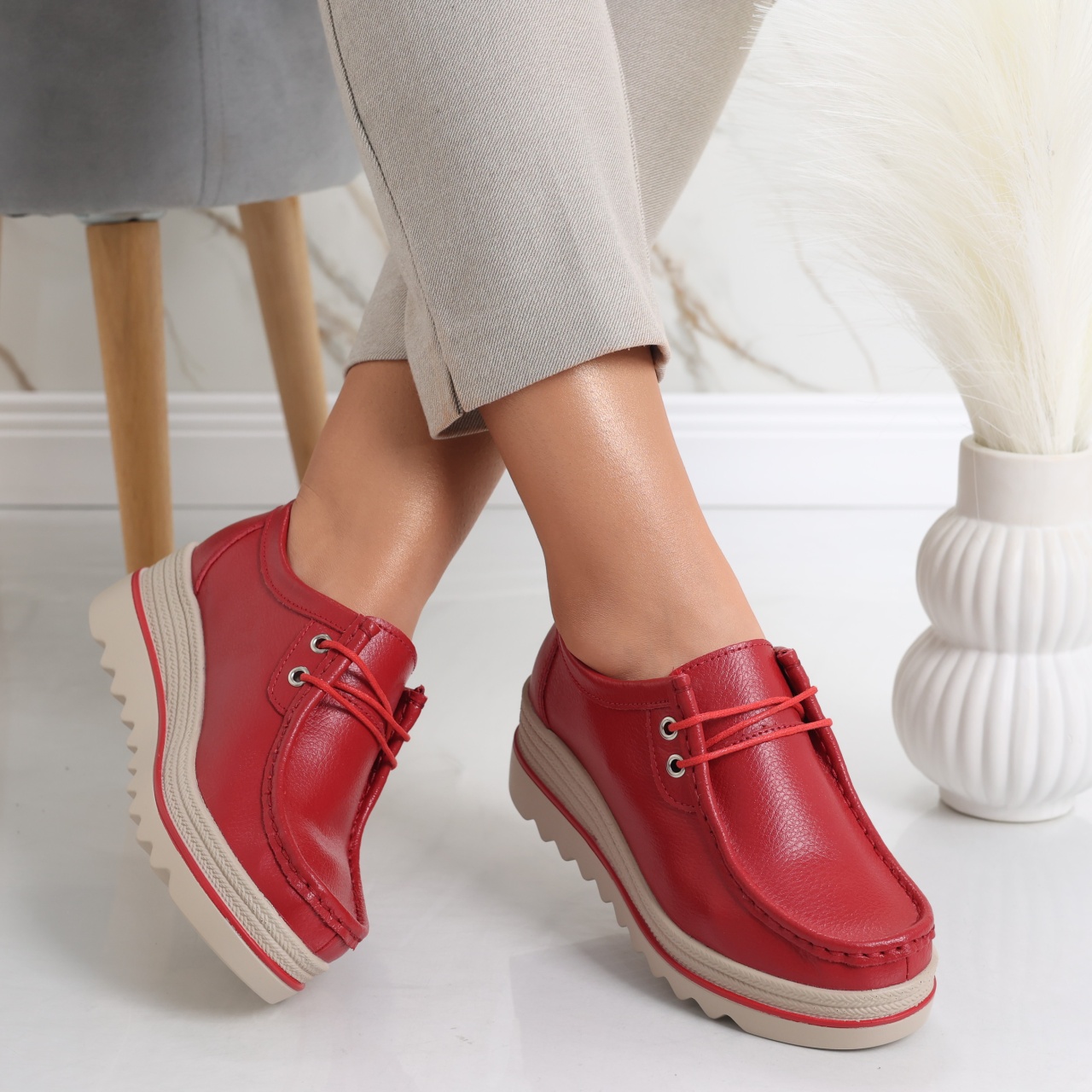 Pantofi dama cu platforma Rosii din Piele Naturala Jasya - poza 1