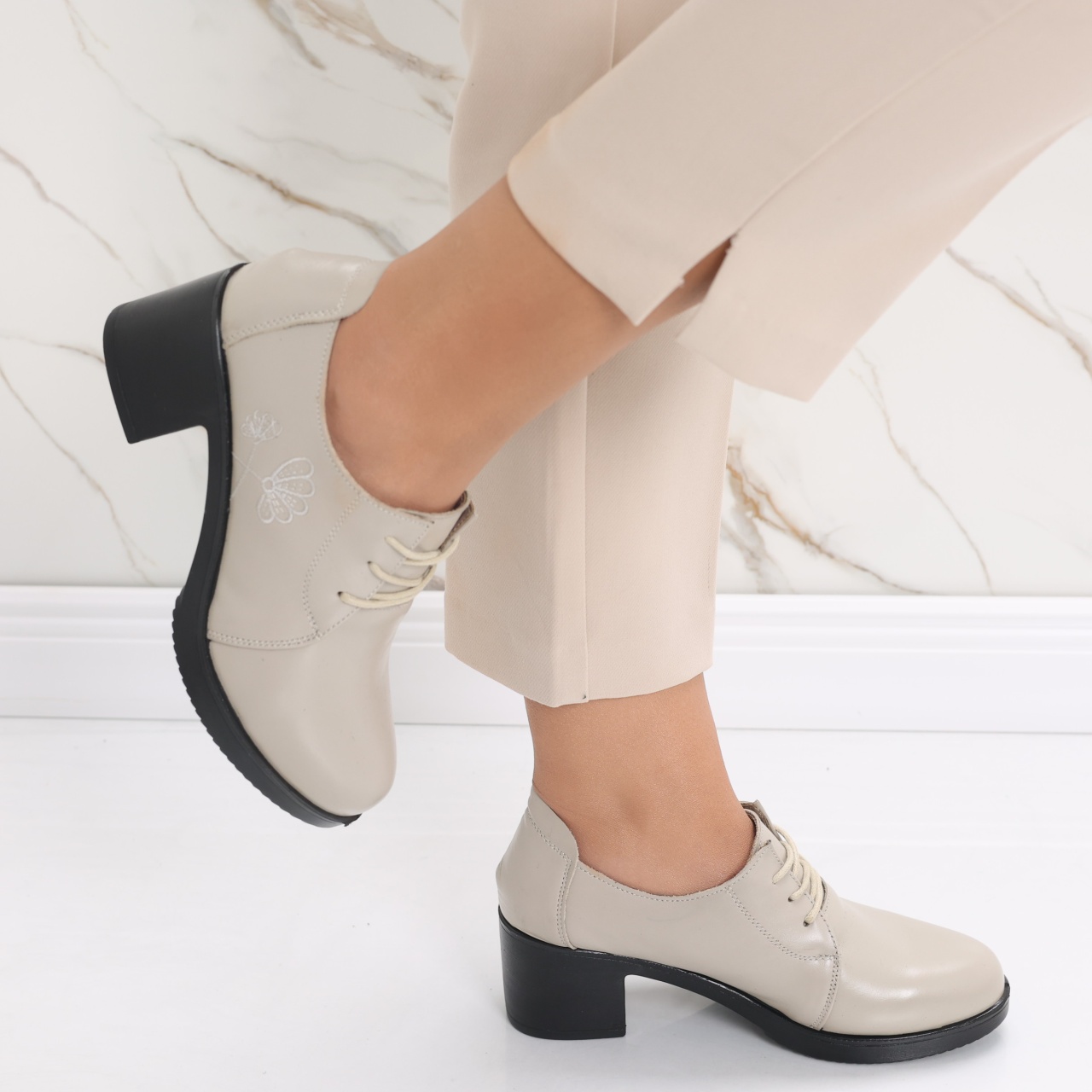 Pantofi dama cu toc Bej din Piele Naturala Krina - poza 3