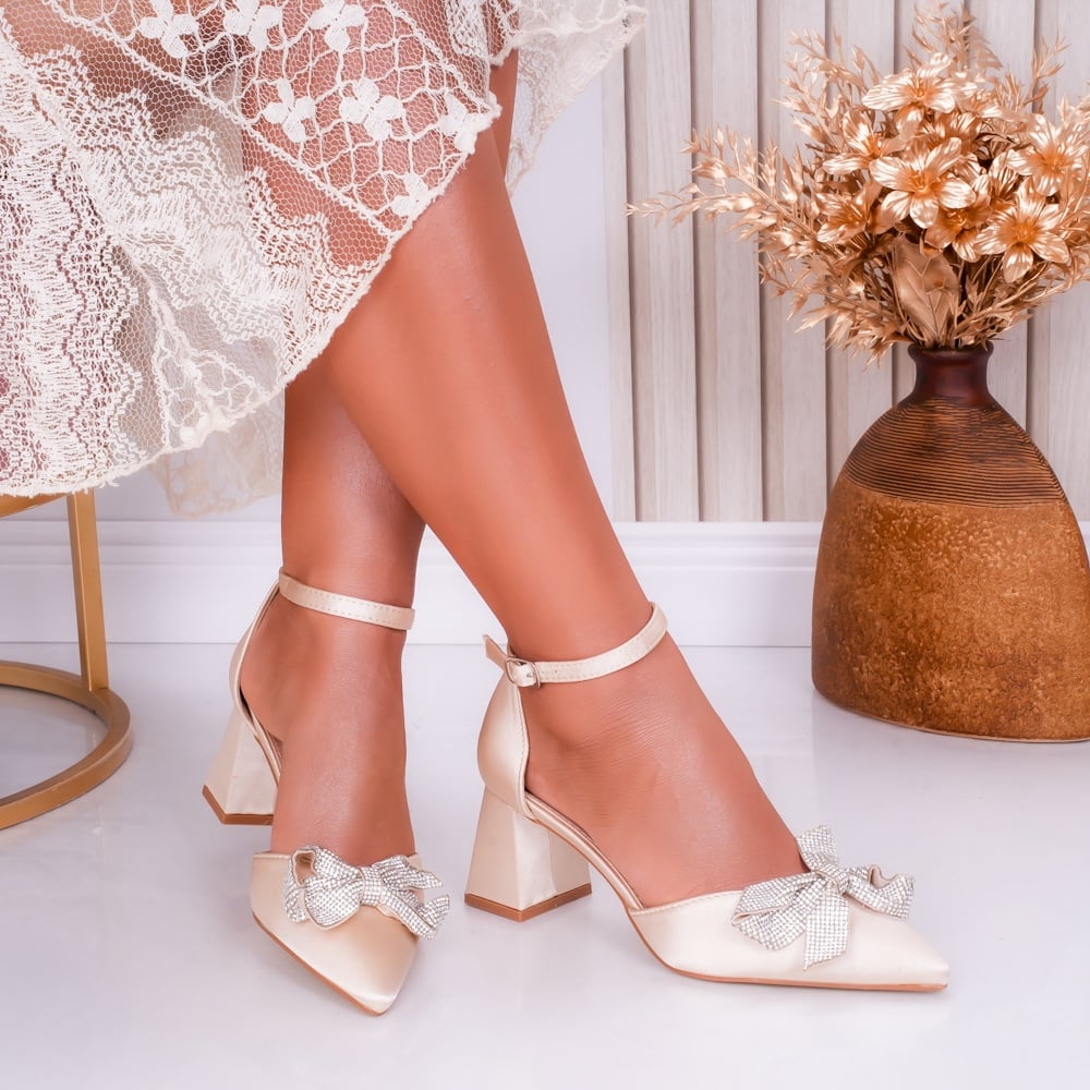 Pantofi dama cu toc Bej din Satin Enzo - poza 1