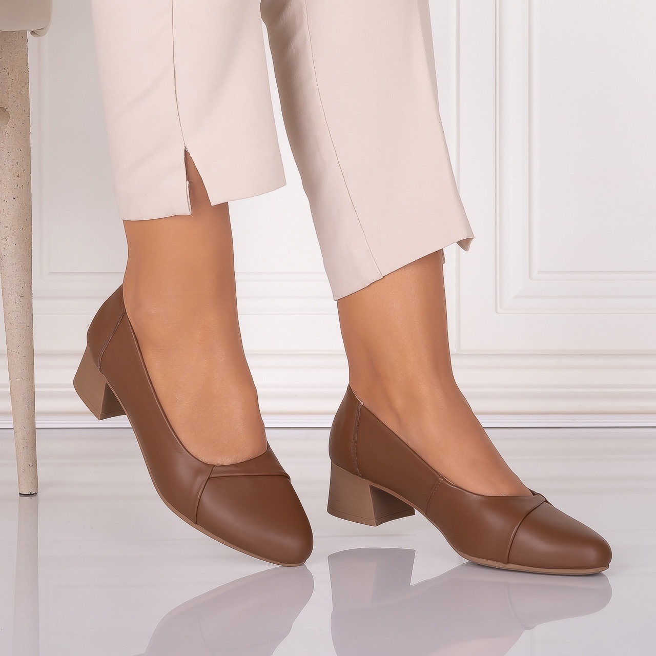 Pantofi dama cu toc Camel din Piele Naturala Rimela - poza 1