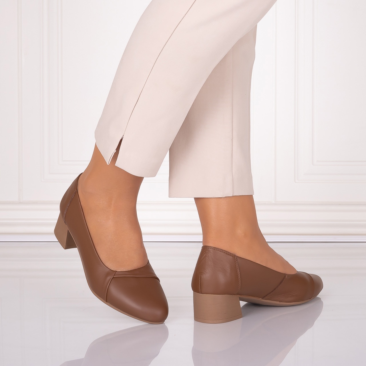 Pantofi dama cu toc Camel din Piele Naturala Rimela - poza 2