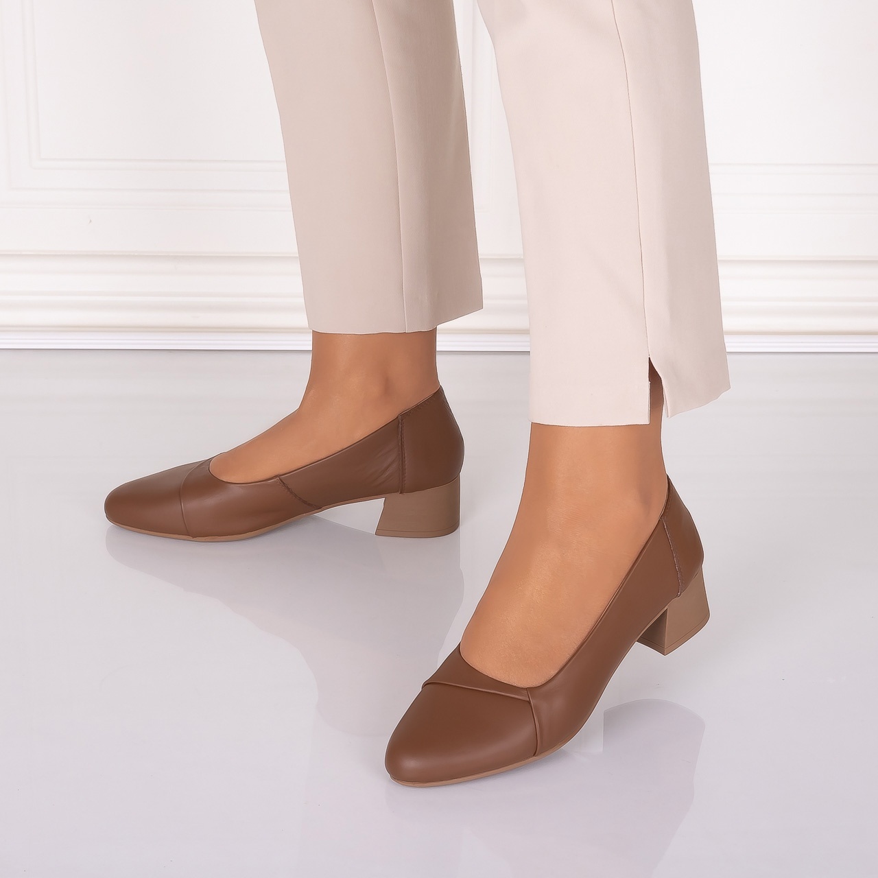 Pantofi dama cu toc Camel din Piele Naturala Rimela - poza 4