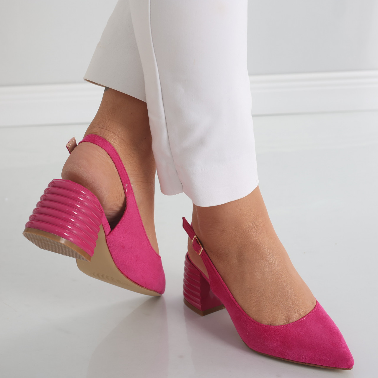 Pantofi dama cu toc Fucsia din Piele Ecologica Intoarsa Acalia - poza 1