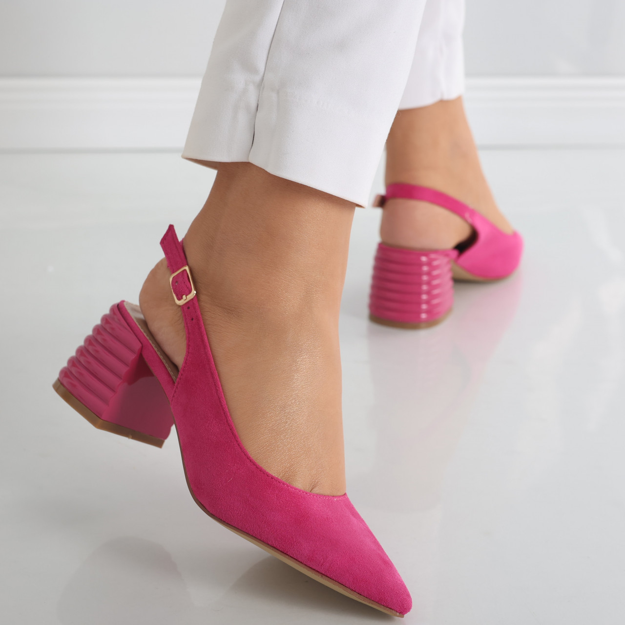 Pantofi dama cu toc Fucsia din Piele Ecologica Intoarsa Acalia - poza 2