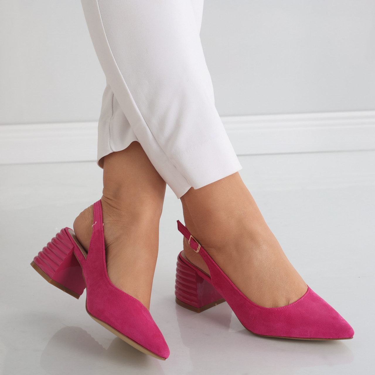 Pantofi dama cu toc Fucsia din Piele Ecologica Intoarsa Acalia - poza 3