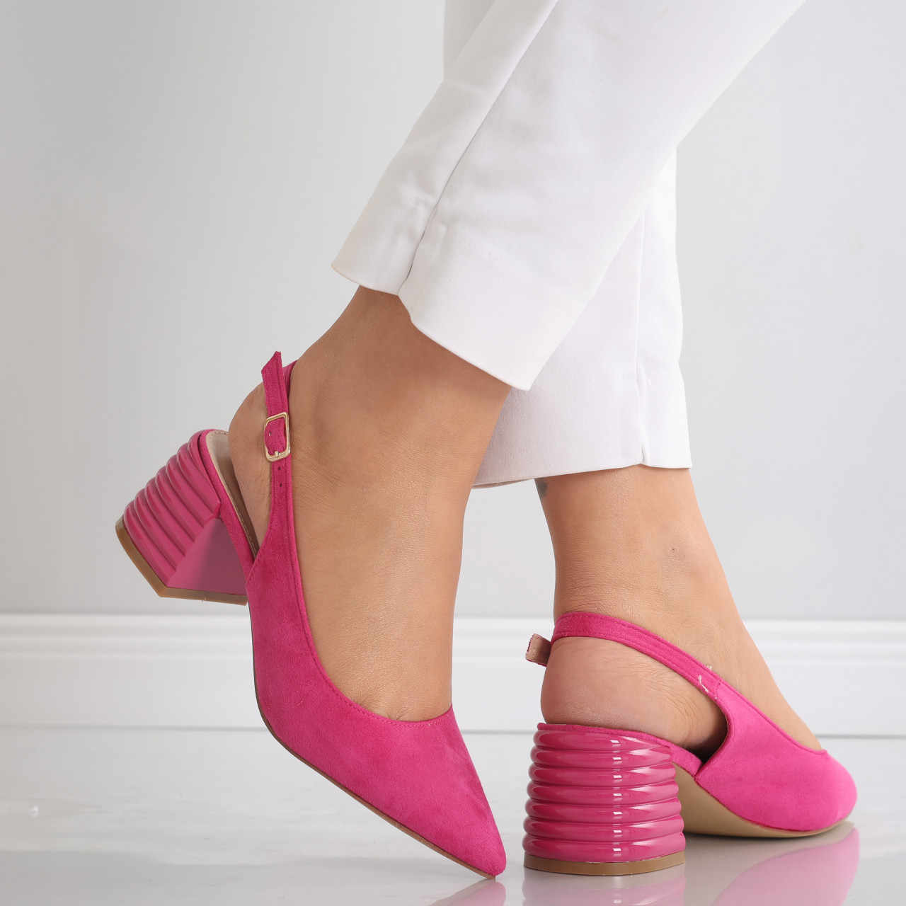 Pantofi dama cu toc Fucsia din Piele Ecologica Intoarsa Acalia - poza 4