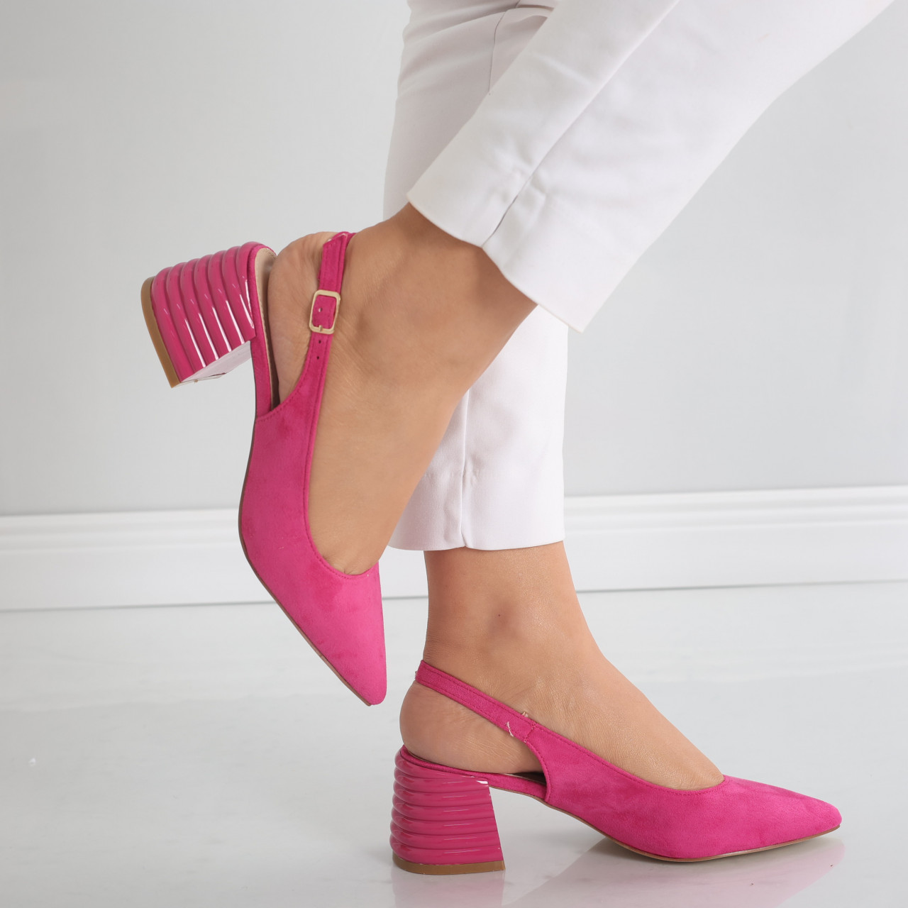 Pantofi dama cu toc Fucsia din Piele Ecologica Intoarsa Acalia - poza 5