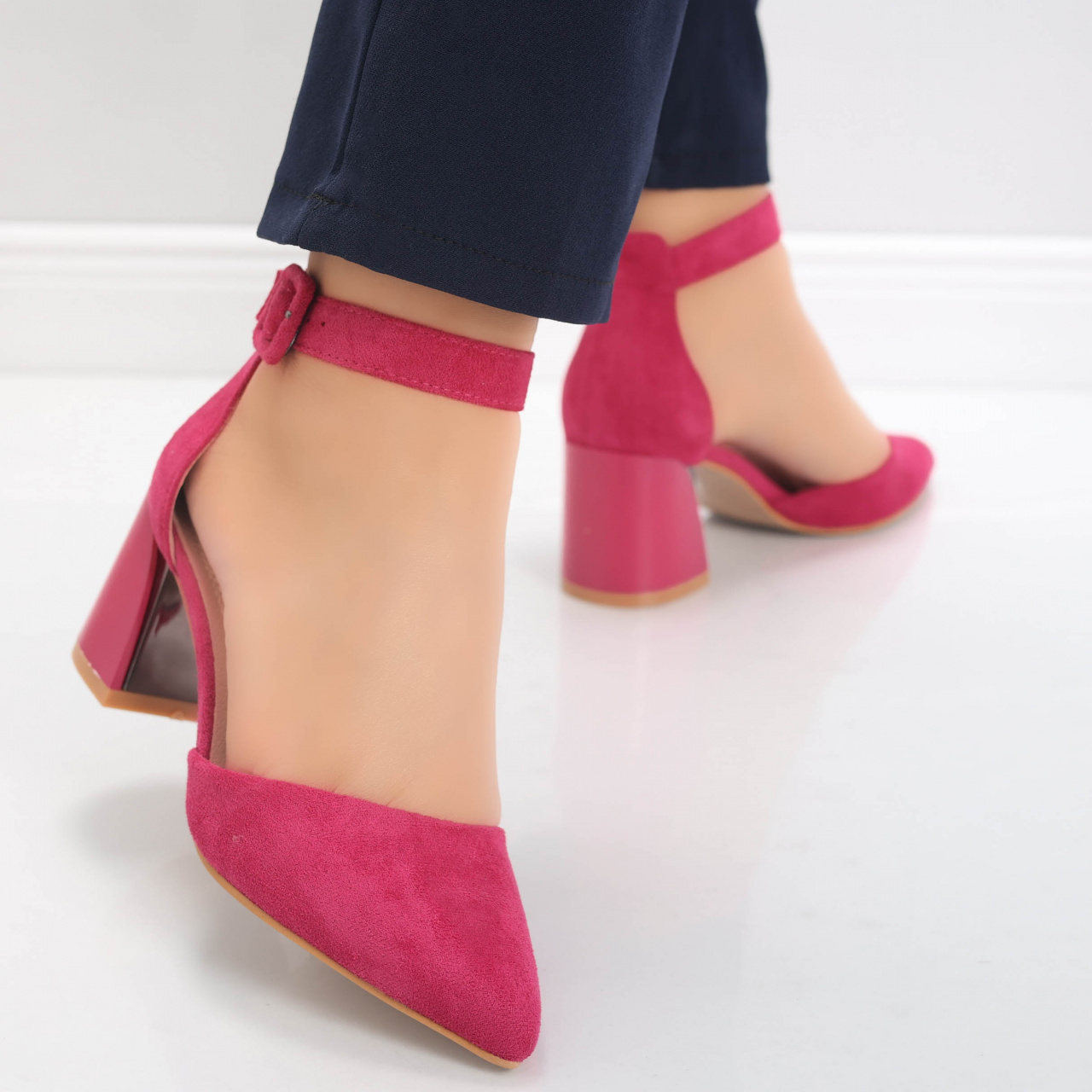 Pantofi dama cu toc Fucsia din Piele Ecologica Intoarsa Ananda - poza 2