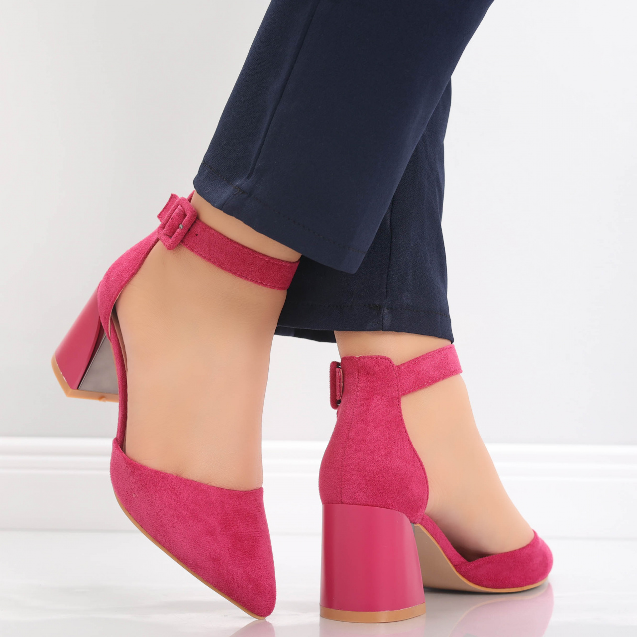 Pantofi dama cu toc Fucsia din Piele Ecologica Intoarsa Ananda - poza 3