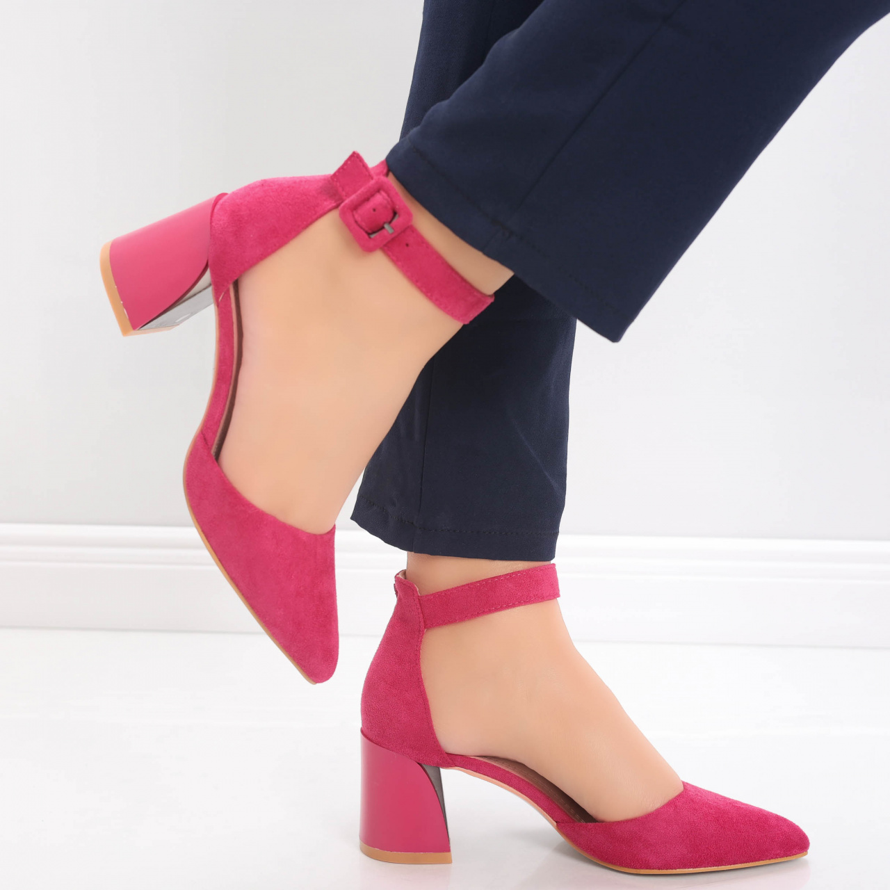 Pantofi dama cu toc Fucsia din Piele Ecologica Intoarsa Ananda - poza 4