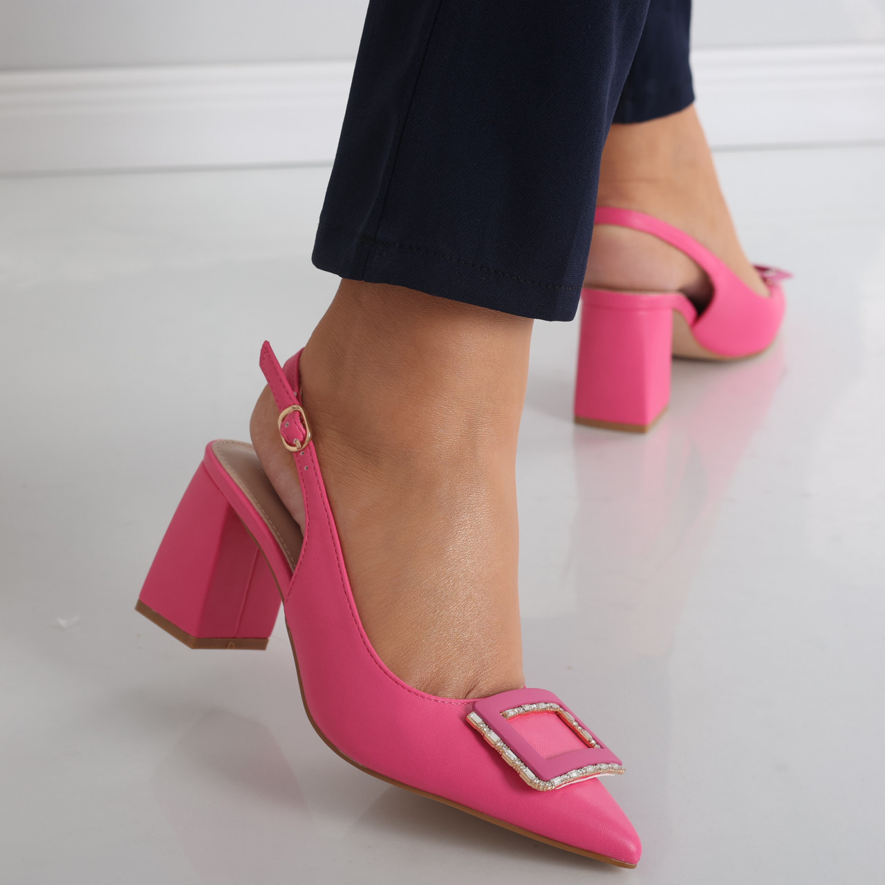 Pantofi dama cu toc Fucsia din Piele Ecologica Naja - poza 2