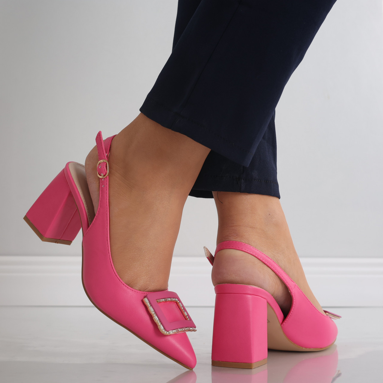 Pantofi dama cu toc Fucsia din Piele Ecologica Naja - poza 3