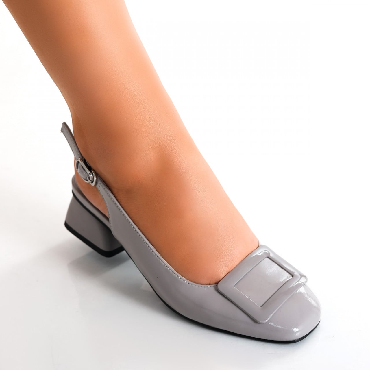 Pantofi dama cu toc Gri din Piele Naturala Lacuita Anezel - poza 2