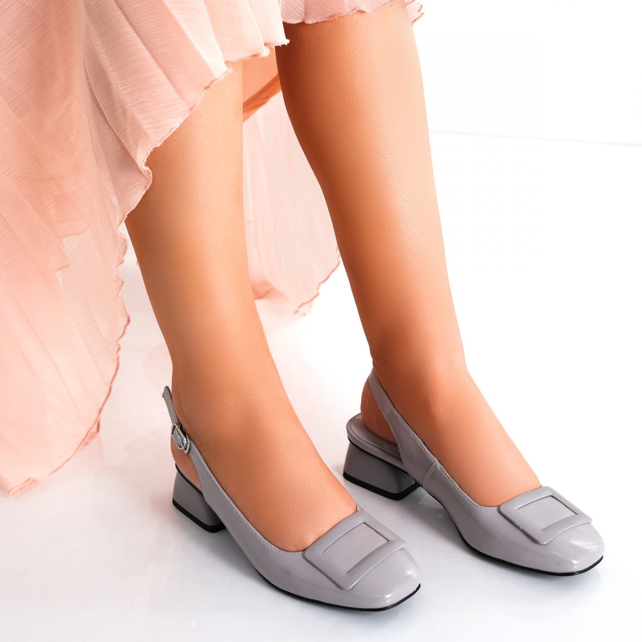 Pantofi dama cu toc Gri din Piele Naturala Lacuita Anezel - poza 3