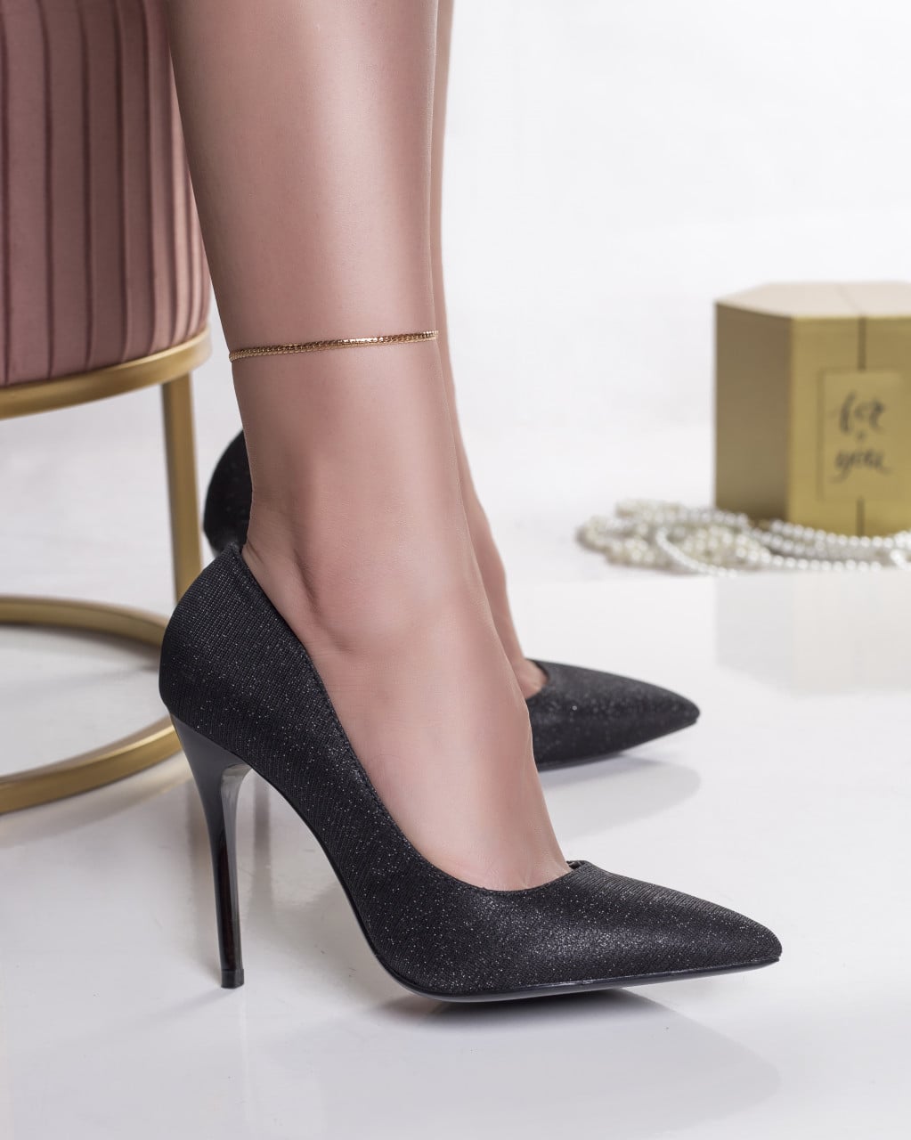 Pantofi dama cu toc negri din glitter rode - poza 3