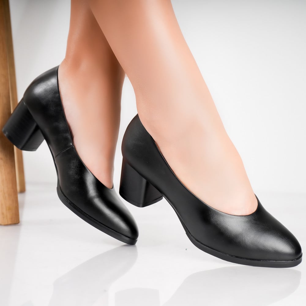 Pantofi dama cu toc Negri din Piele Ecologica Berla - poza 1