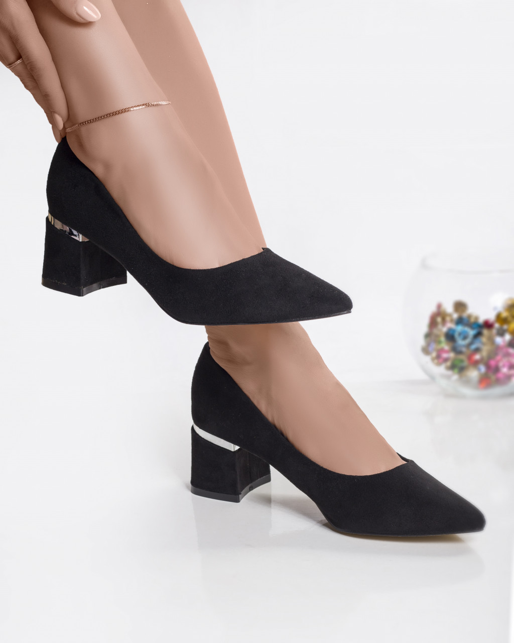 Pantofi dama cu toc Negri din Piele Ecologica Intoarsa Dafrina - poza 2