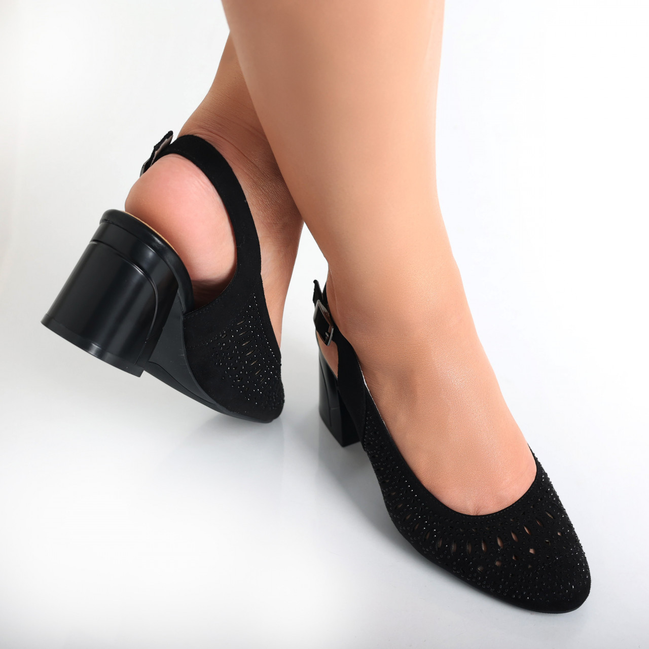 Pantofi dama cu toc Negri din Piele Ecologica Intoarsa Deni - poza 4