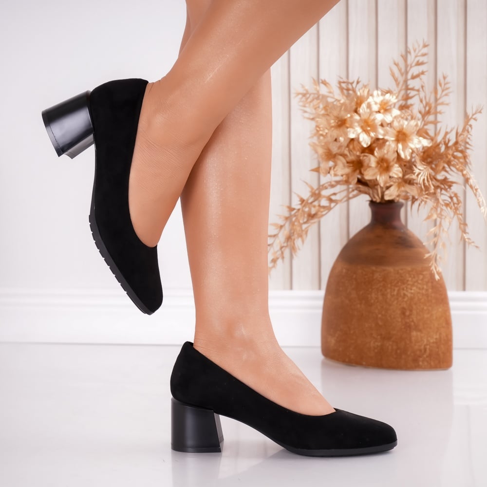 Pantofi dama cu toc Negri din Piele Ecologica Intoarsa Gonsi - poza 4