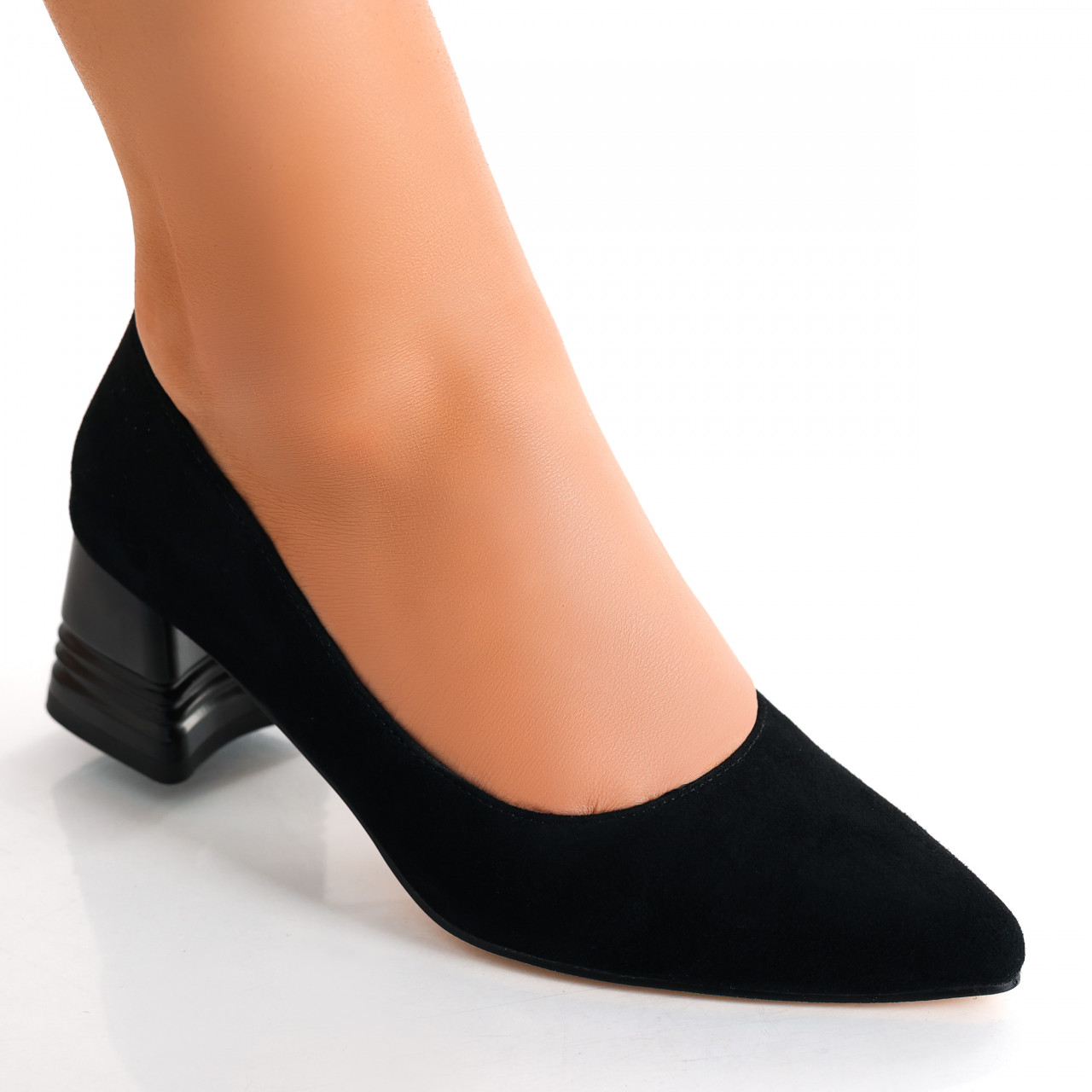 Pantofi dama cu toc Negri din Piele Naturala Intoarsa Beleza - poza 3