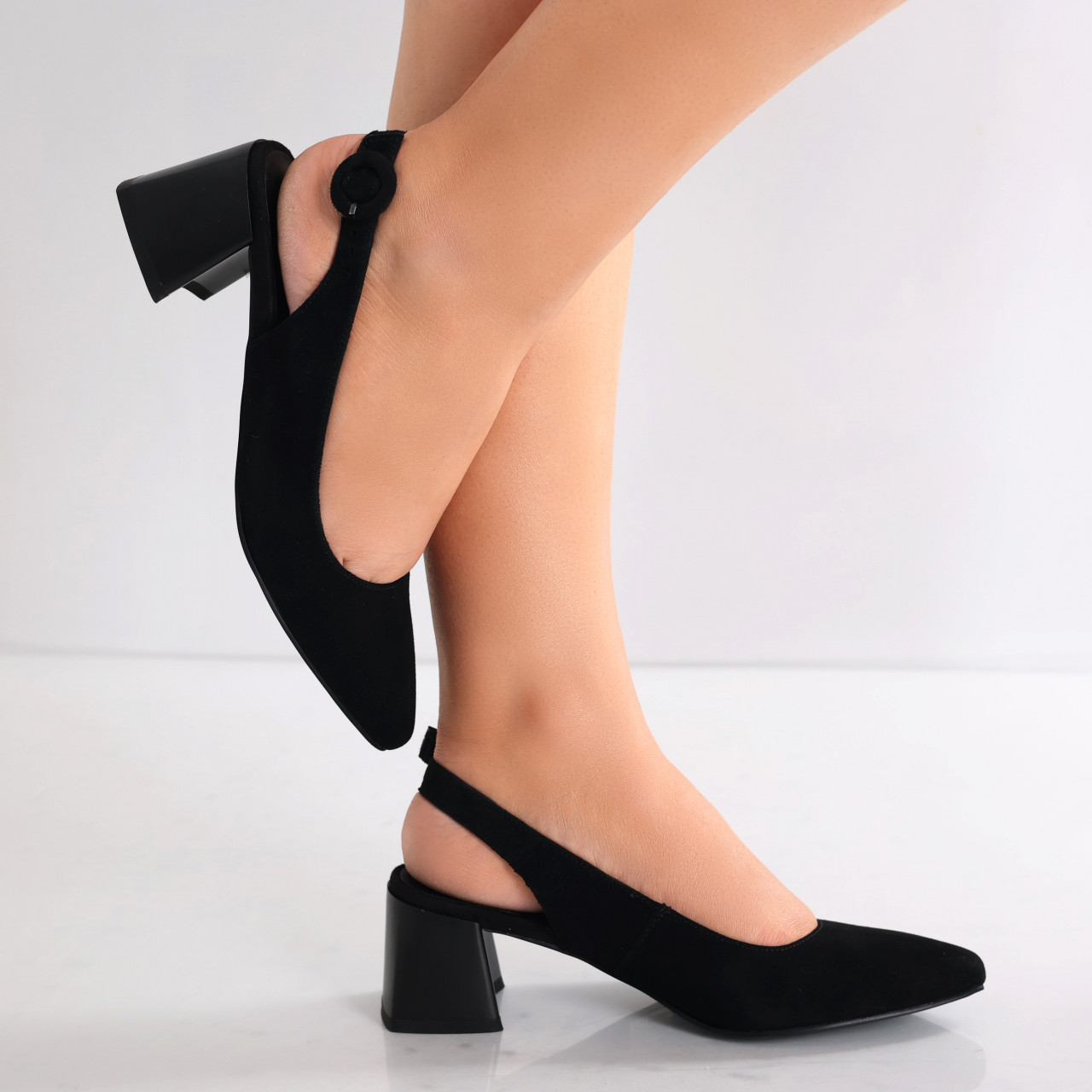 Pantofi dama cu toc Negri din Piele Naturala Intoarsa Lezena - poza 5