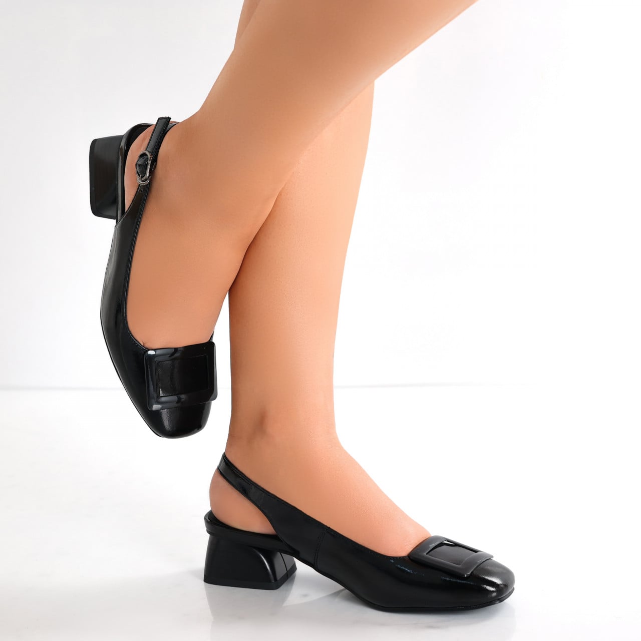 Pantofi dama cu toc Negri din Piele Naturala Lacuita Anezel - poza 5