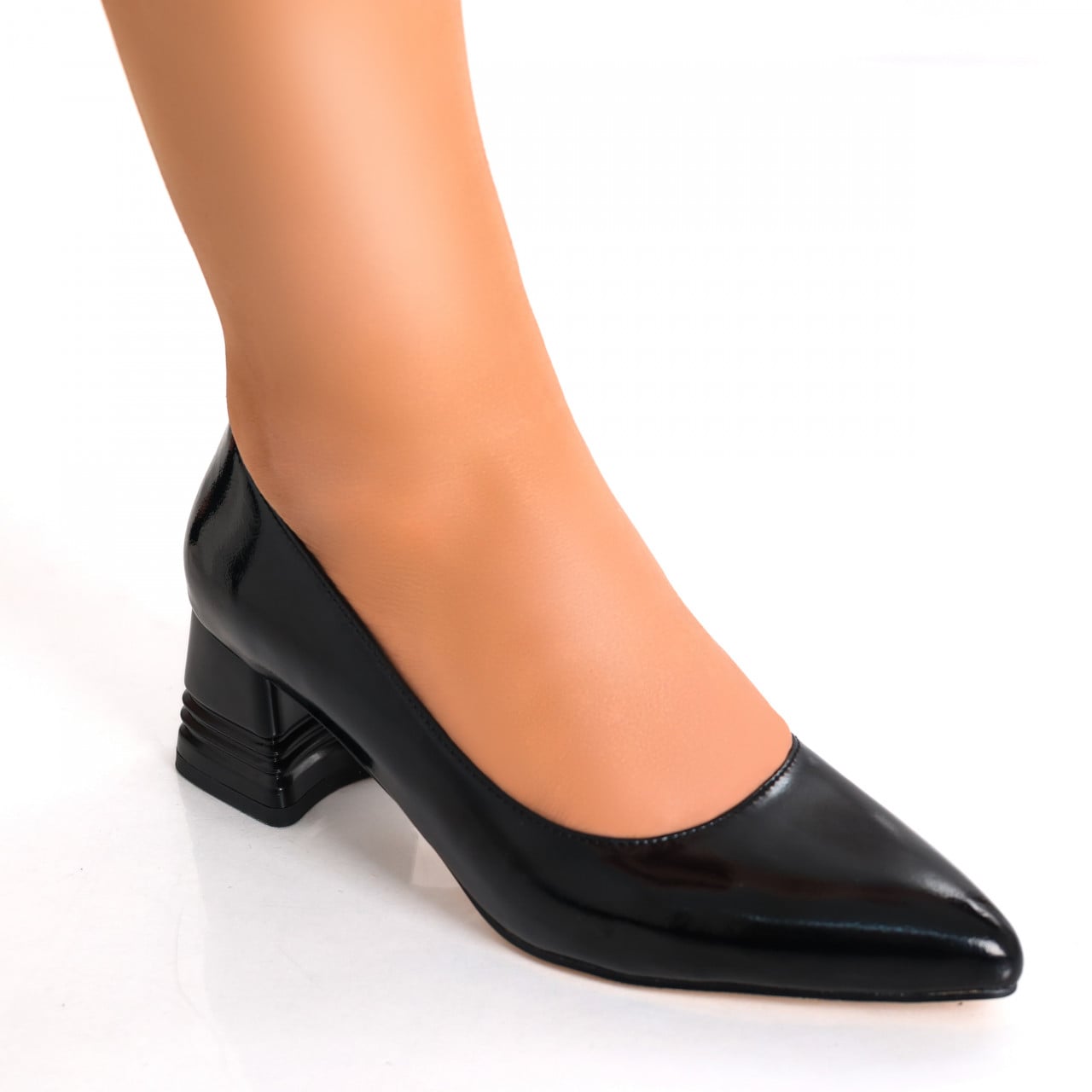 Pantofi dama cu toc Negri din Piele Naturala Lacuita Beleza - poza 2