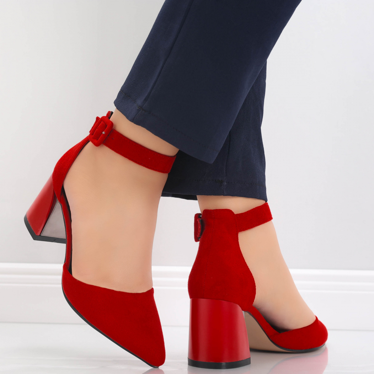 Pantofi dama cu toc Rosii din Piele Ecologica Intoarsa Ananda - poza 3