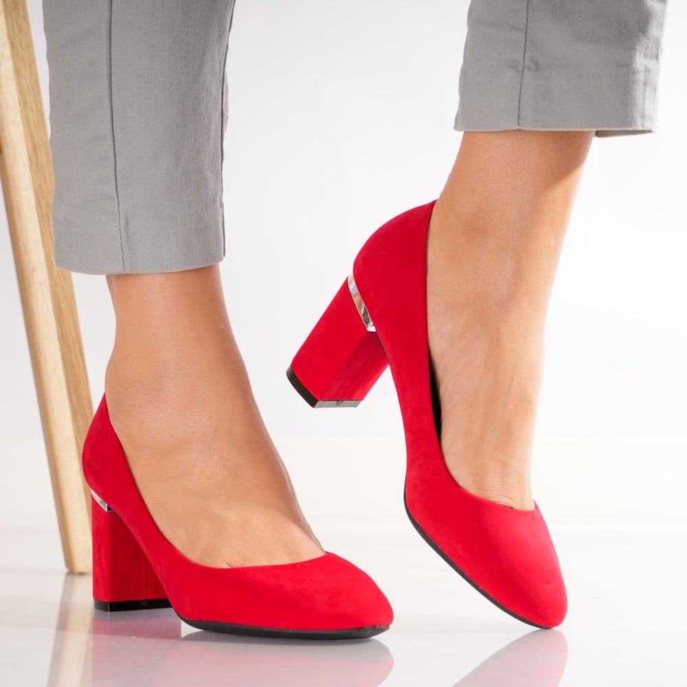 Pantofi dama cu toc Rosii din Piele Ecologica Intoarsa Aroni - poza 1