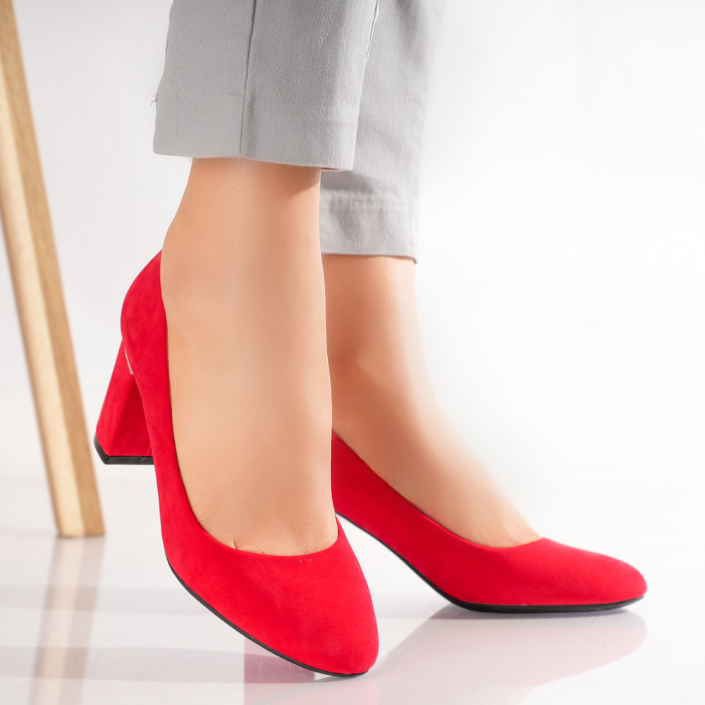 Pantofi dama cu toc Rosii din Piele Ecologica Intoarsa Aroni - poza 2