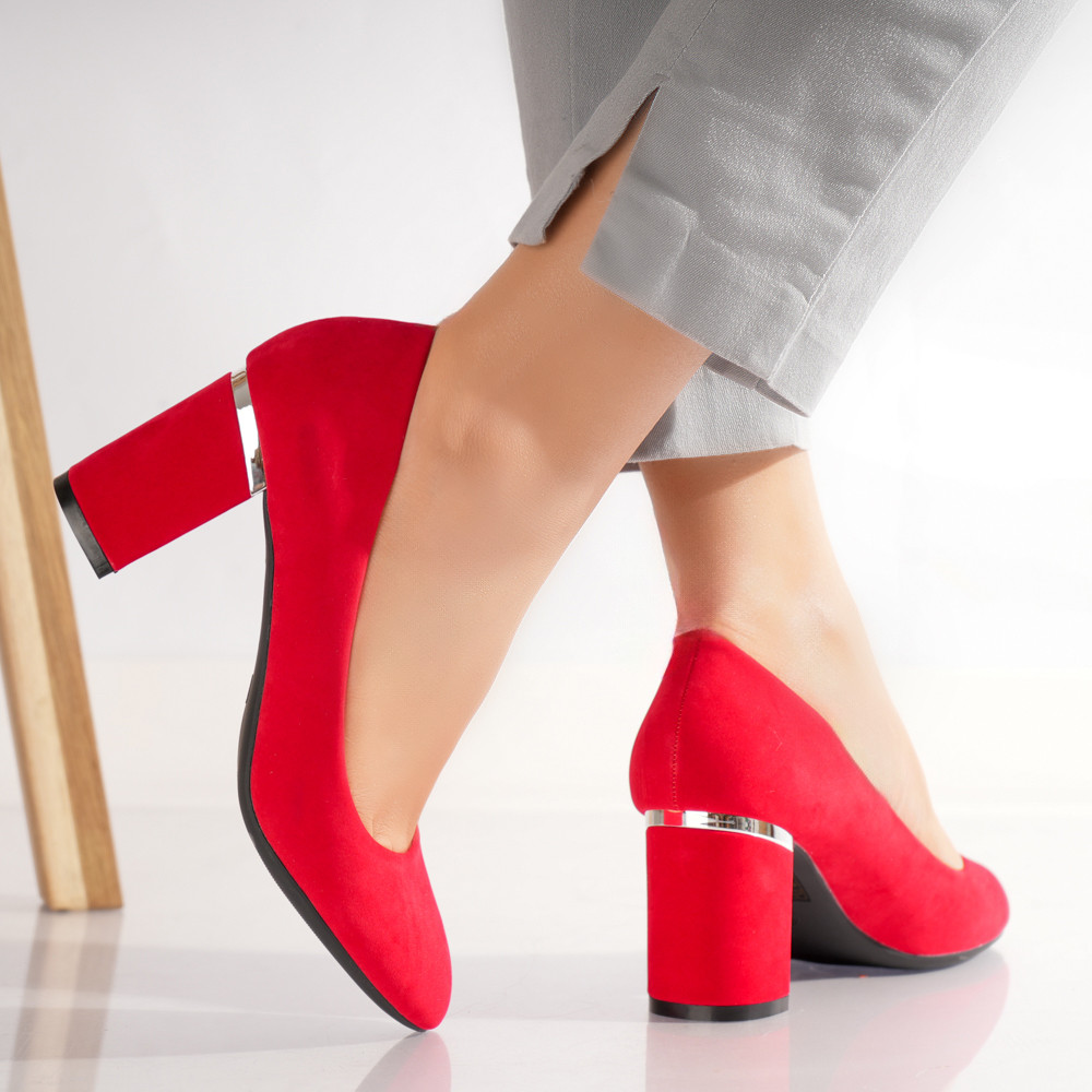 Pantofi dama cu toc Rosii din Piele Ecologica Intoarsa Aroni - poza 3
