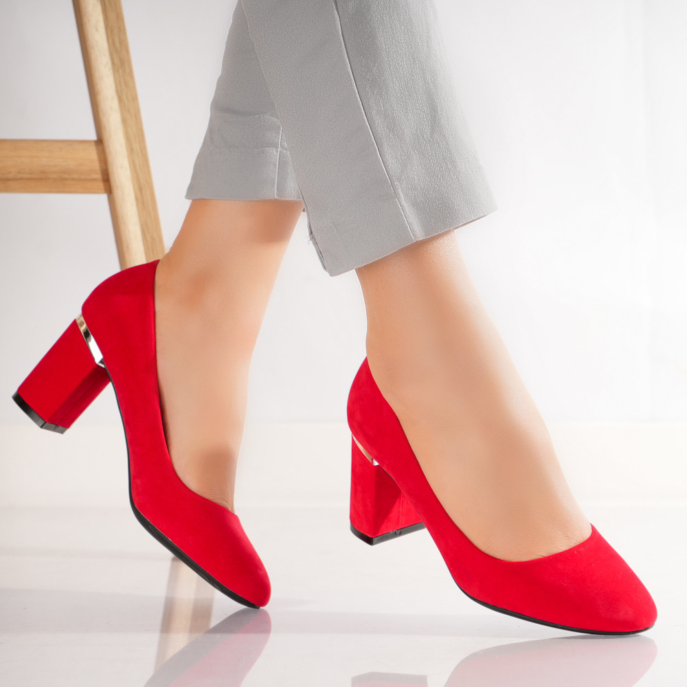 Pantofi dama cu toc Rosii din Piele Ecologica Intoarsa Aroni - poza 4
