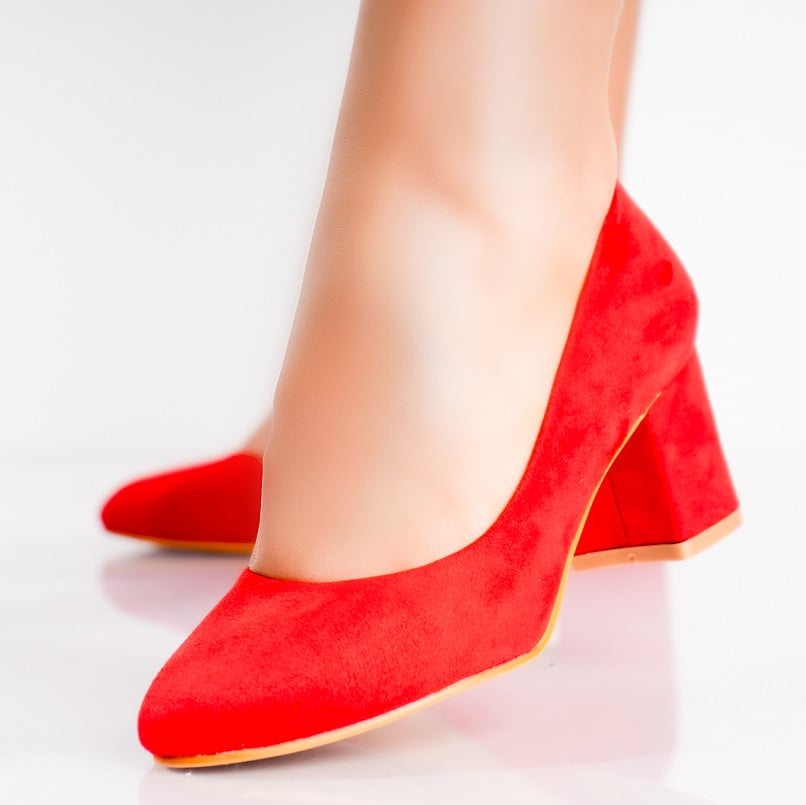 Pantofi dama cu toc Rosii din Piele Ecologica Intoarsa Azen - poza 1